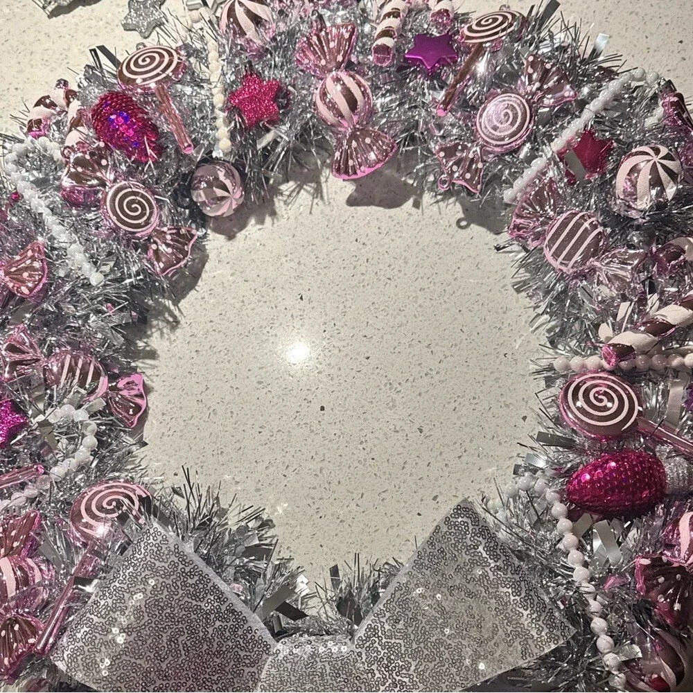 Wreath Christmas candy theme Silver and Pink Holiday Wreath ribbon bow